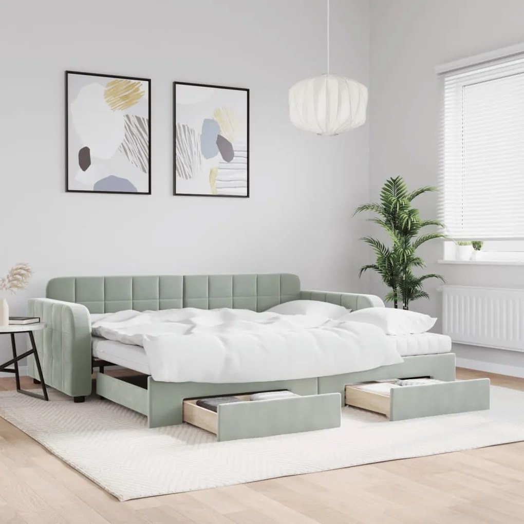 világosszürke kihúzható bársony heverő fiókkal 90 x 200 cm
