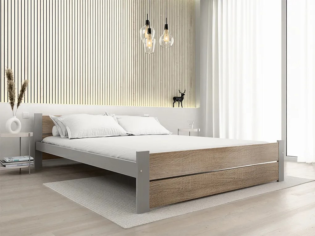 Ágy IKAROS DOUBLE 160 x 200 cm, sonoma tölgy/szürke Ágyrács: Léces ágyrács, Matrac: Deluxe 10 cm matrac