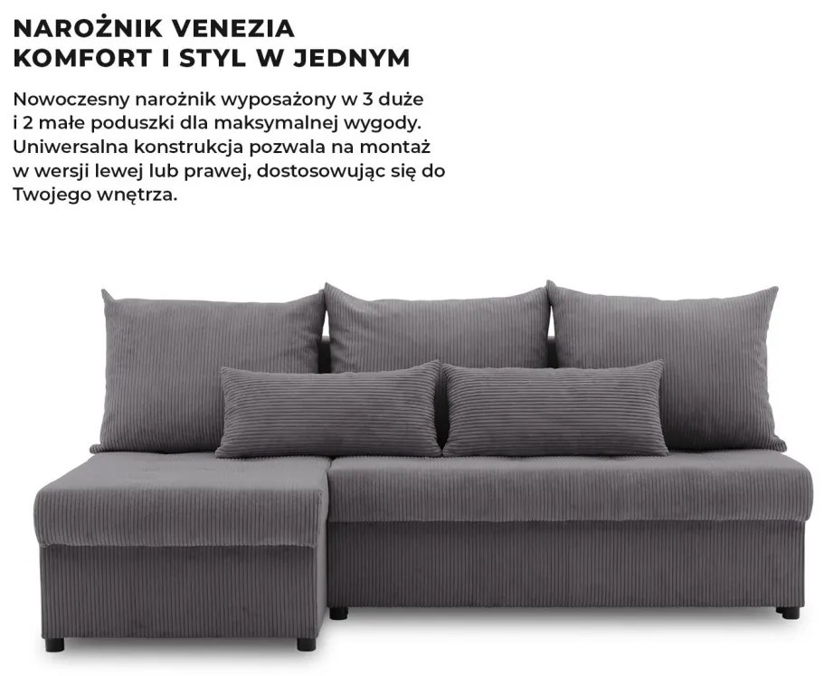 Venezia sarokkanapé, kordbársony, univerzális oldal, hab töltet, szürke