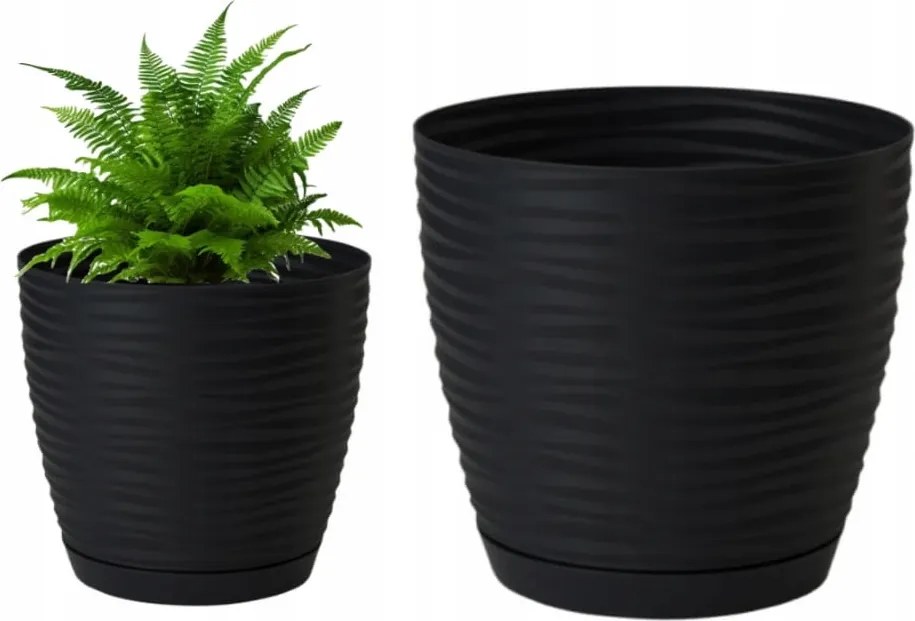 Fekete virágcserép alátéttel, 19x17,3 cm, műanyag virágokhoz