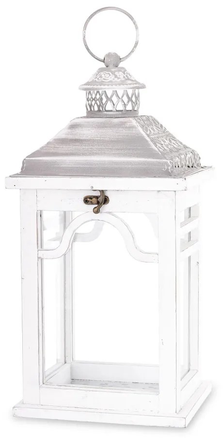 Sötétbarna 4szögletű fa lantern lámpás szürke áttört fém tetővel üvegezve 38,5x19x15cm