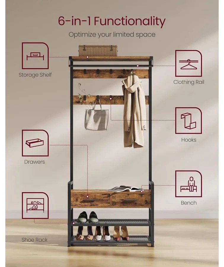 Előszobafal ülőkével, cipőtárolóval,szövetfiókkal,30 x 80,4 x 181,6 cm, rusztikus barna/fekete