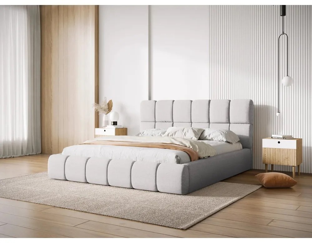 Világosszürke kárpitozott franciaágy tárolóhellyel, ágyráccsal 200x200 cm Bellis – Micadoni Home