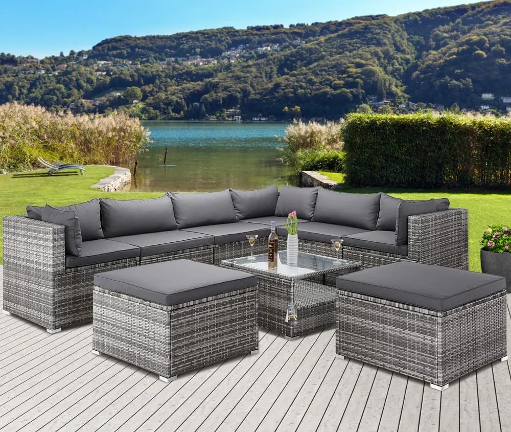 Deuba Kerti polyrattan bútor szett XXL - szürke/antracit párnák