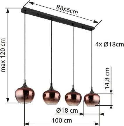 Globo 15548-4HG Függeszték fekete matt fém, fekete-króm fém, réz színű/átlátszó színátmenetes üveg búra, fekete textil kábel, HxSzxM: 1000x180x1200mm, 4x E27 40W 230V izzók nélkül
