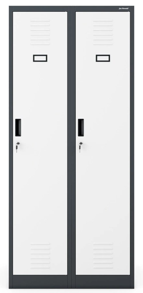 Pléh öltözőszekrény talpazaton, kétmodulos, polccal és köztes fallal KACPER, 800 x 1800 x 500 mm, antracit-fehér