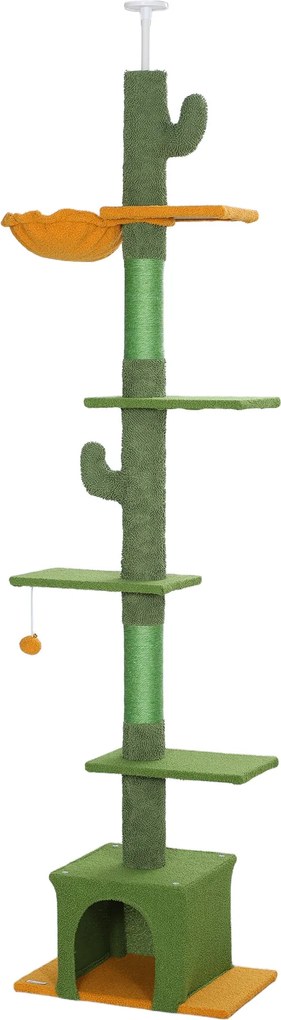 PawHut Mennyezetre Rögzíthető Macska Kaparóoszlop, Macskafa, 230-275 cm Macska Kaparóoszlop Macska Bújóval, Kaparóoszlopokkal, Játékfallal, Antitipiku