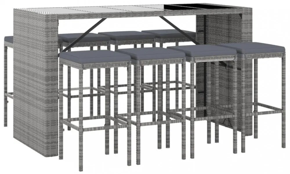 9 részes szürke polyrattan kerti bárszett párnával