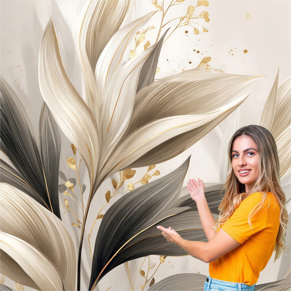 Fotótapéta Nappali Hálószoba Levelek Absztrakt Arany Bézs 490x260 LAZB03F