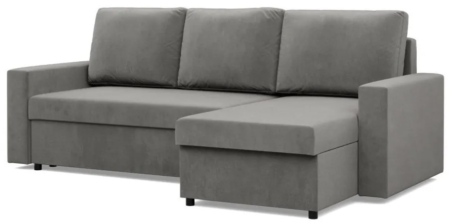 Zeus sarokkanapé, 2 ágyneműtartóval, egyenes kartámasz, bársony, univerzális oldal, hab töltet, világosszürke