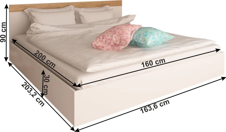 Dupla ágy, 160x200, féher/artisan tölgy, GABRIELA