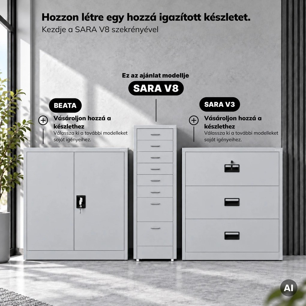 Kartotékszekrény görgőkkel, fém, 8 fiókos, dokumentumokhoz, szürke, 300x1100x600 mm: SARA V8