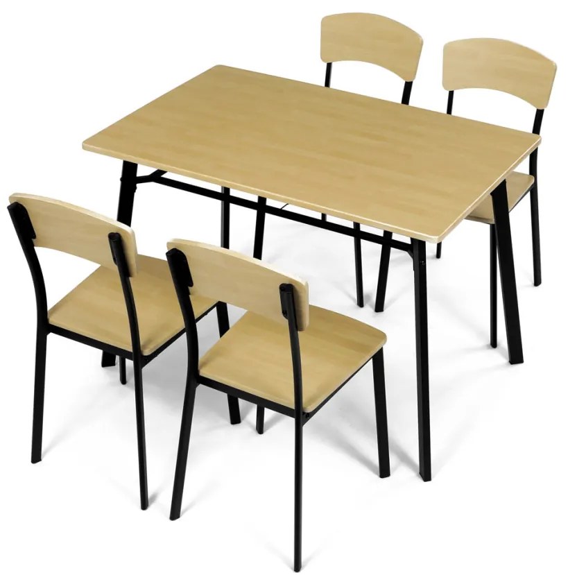 Set de sufragerie Masă cu Patru Scaune, MDF, decor Stejar Natural, cadru metalic negru