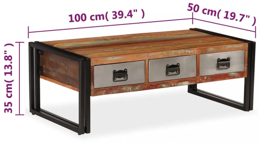 3-fiókos újrahasznosított fa dohányzóasztal 100 x 50 x 35 cm