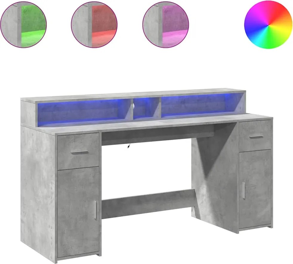 vidaXL betonszürke szerelt fa íróasztal LED-világítással 160x55x91 cm