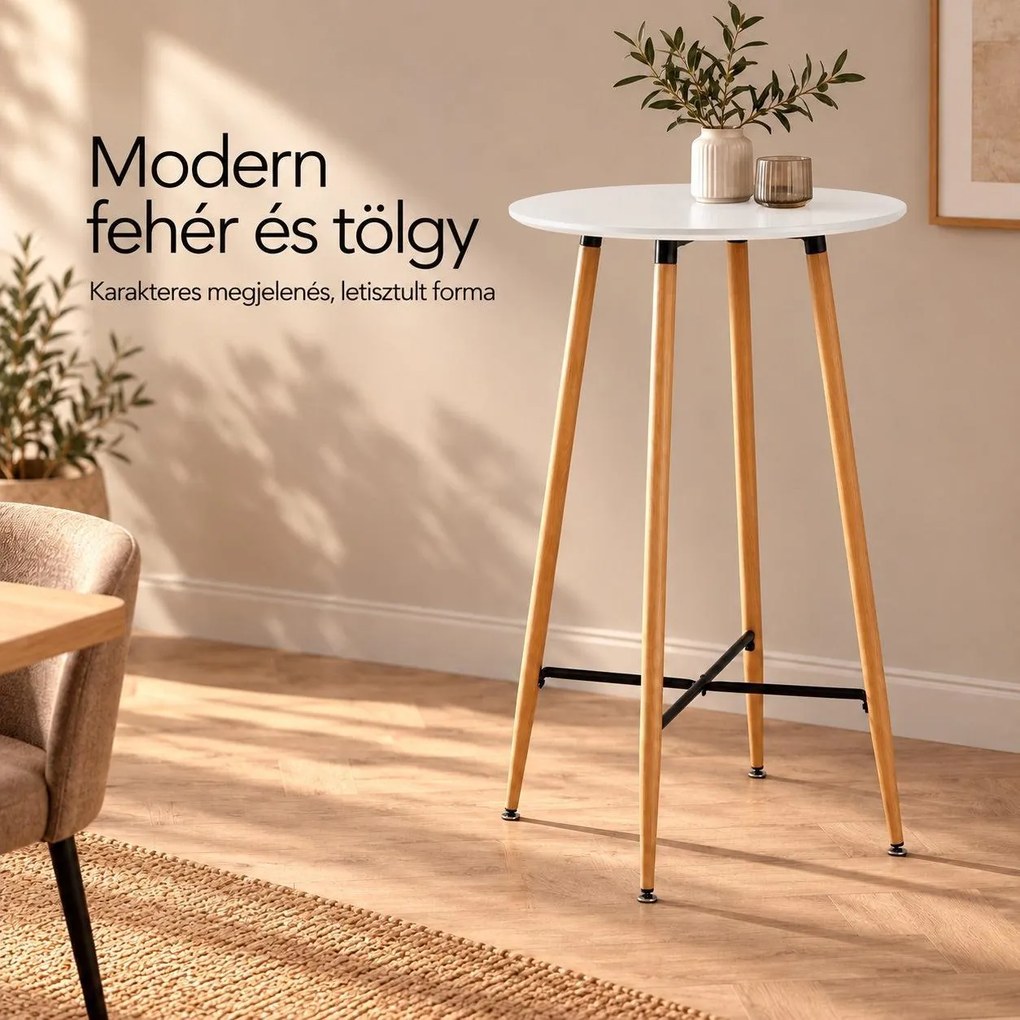 Bárasztal, kerek MDF asztallappal, Ø60 x 102 cm, fehér/tölgy