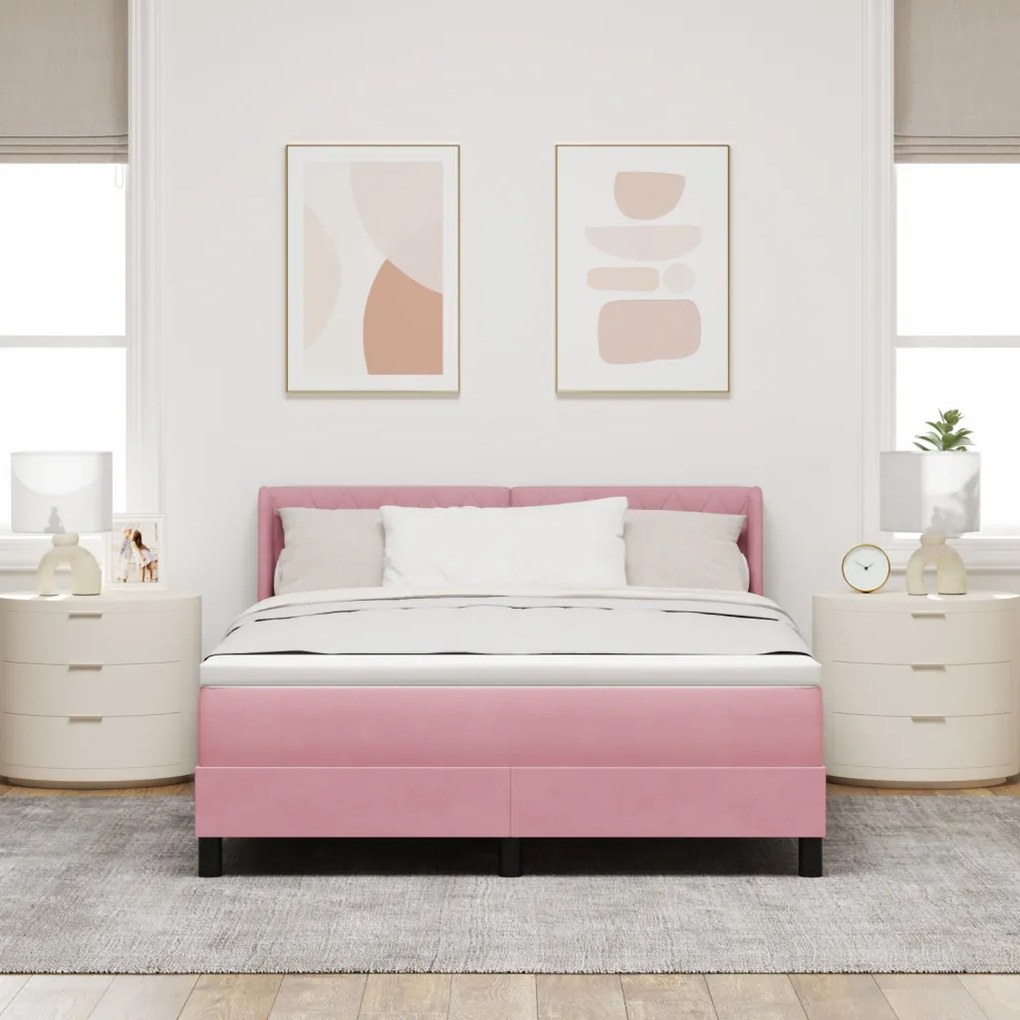 Rózsaszín Boxspring Ágy Matraccal 160x200 cm Bársony