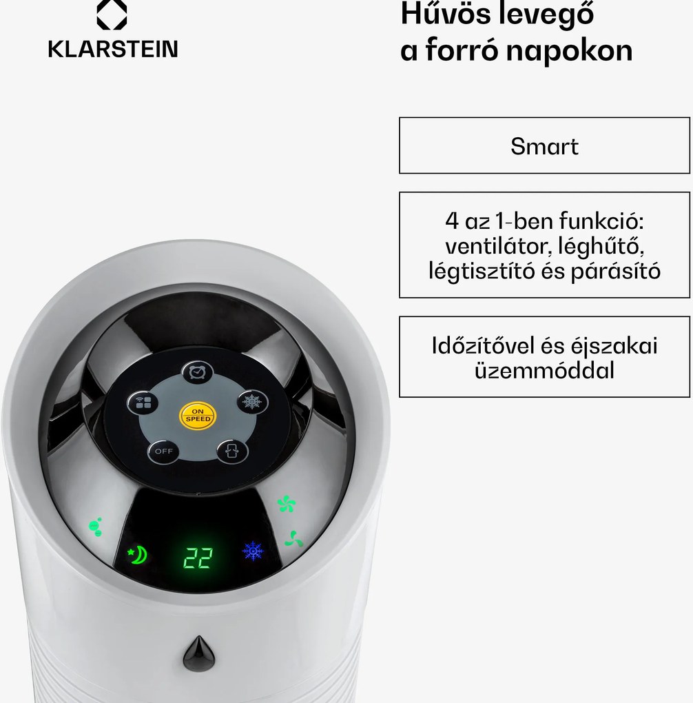 Klarstein Skyscraper Ice Smart, 4 az 1-ben, léghűtő és ventilátor, WiFi, 180m³/ó, távirányítóval
