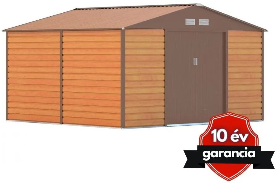 G21 GAH 1085 barna famintás fém kerti tároló ház, kb. 3,3 X 3,1 méter alapterület