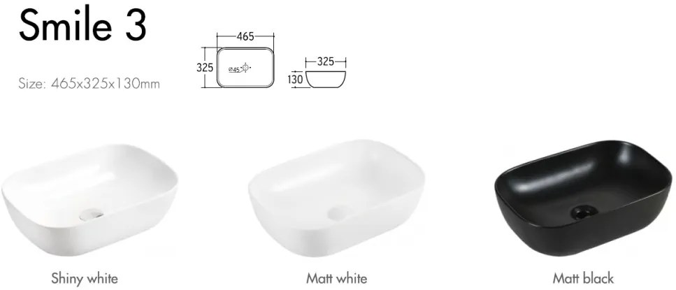 Eros SMILE 3 - PULTRA ültethető - Top Counter - porcelán mosdó - MATT FEKETE - 46,5 x 32,5 x 13 cm