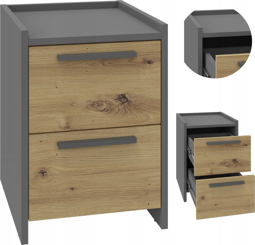 Éjjeliszekrény Altivo 2SW tölgy artisan-antracit éjjeli asztal 2 fiókos komód