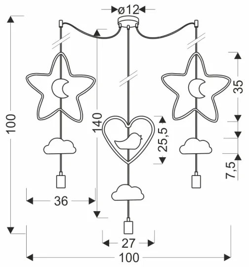 Gyerek csillár zsinórral TRIO 3xE27/20W/230V sárga/kék/szürke