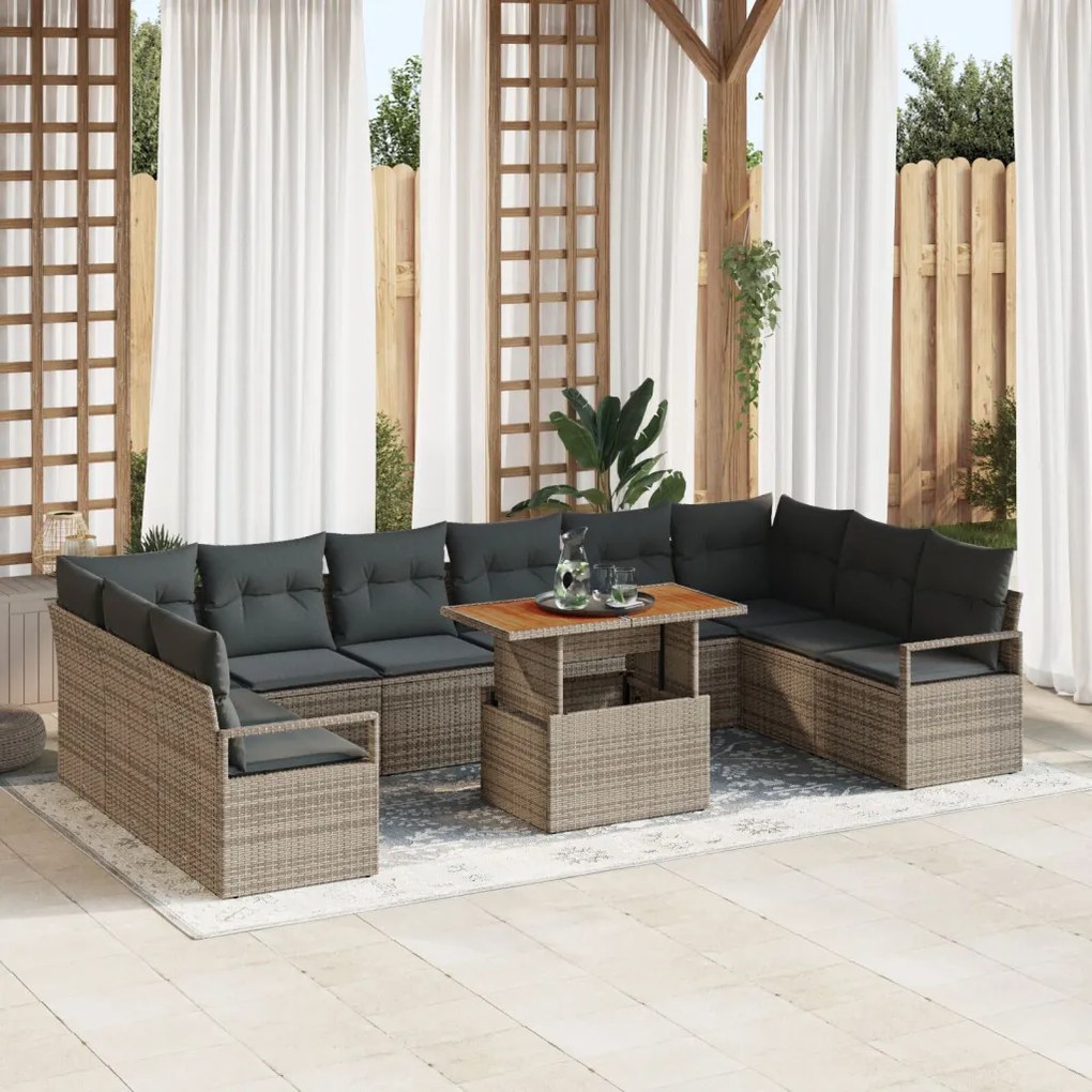 11 részes Kert Sofa Szett Párnákkal Szürke Poli Rattan, 2-Fős Kerti Sofa Tárolóval és Párnákkal Szürke Poli Rattan