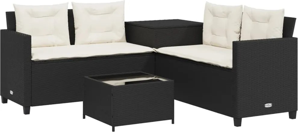 vidaXL L-alakú fekete polyrattan kerti kanapé asztallal és párnával