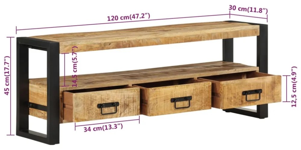 tömör mangófa TV-szekrény 120 x 30 x 45 cm