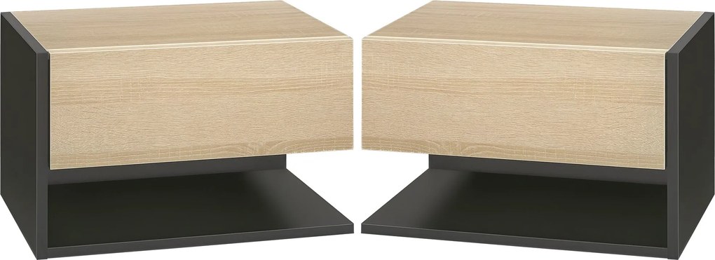 HOMCOM 2 Darab F Floating Éjjeliszekrény 1 Fiókkal és Nyitott Polccal, 46x30x30 cm Tölgy és Fekete | Aosom