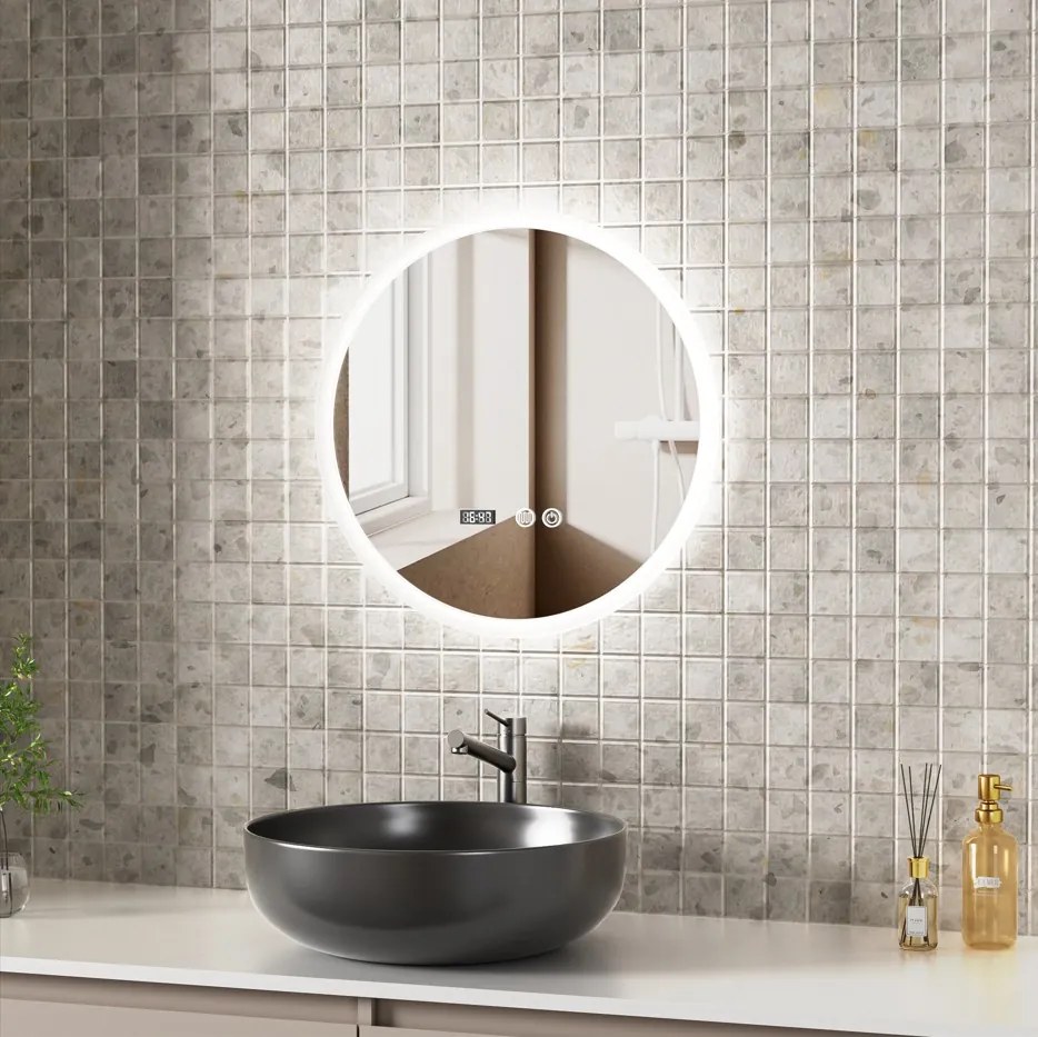 Erga Deam, kerek LED-es tükör 50cm, 3 színű fény, első világítás, páramentesítő fűtőbetét, ERG-V01-Deam-5050-CL