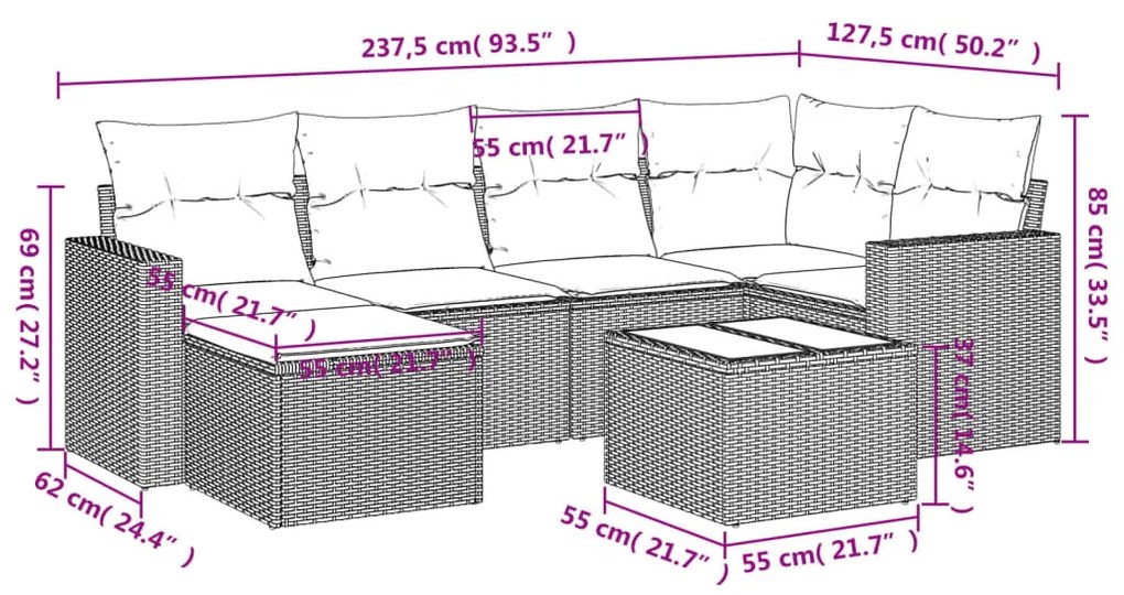 7 részes szürke polyrattan kerti ülőgarnitúra párnákkal