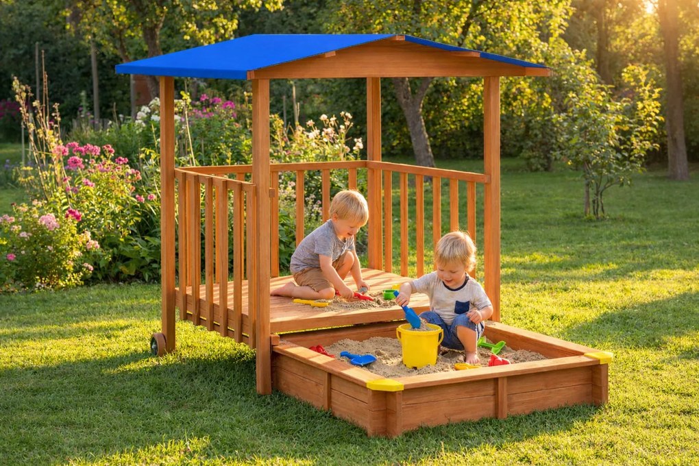 SUNNY verandás homokozó, 130x130x143cm, barna/kék Jurhan