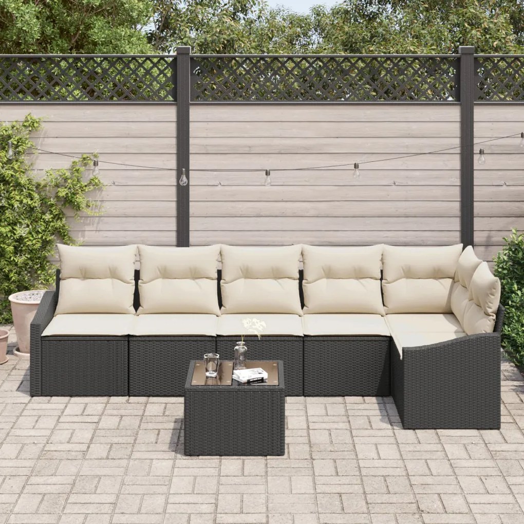 Kert Sofa Készlet 7 részes Fekete PE Rattan Kültéri Sofa