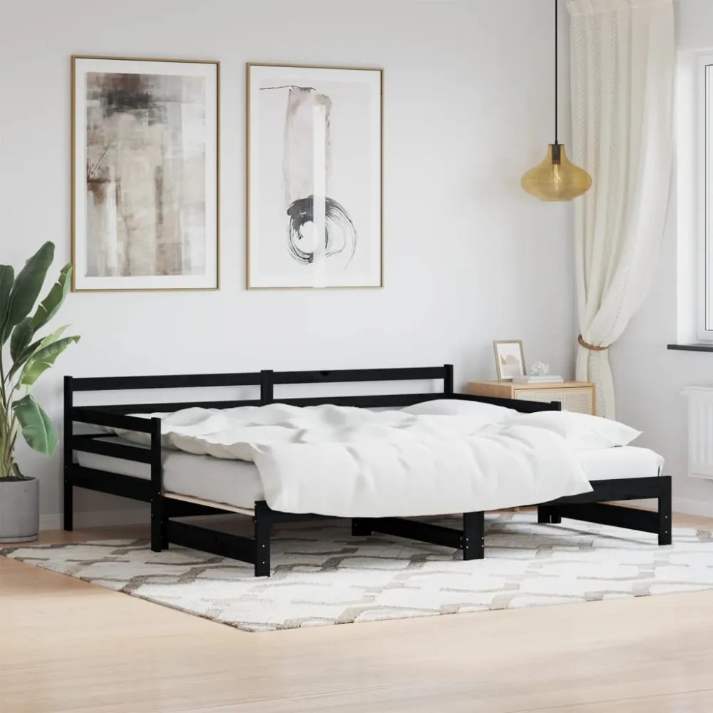 fekete tömör fenyőfa kihúzható kanapéágy 80 x 200 cm