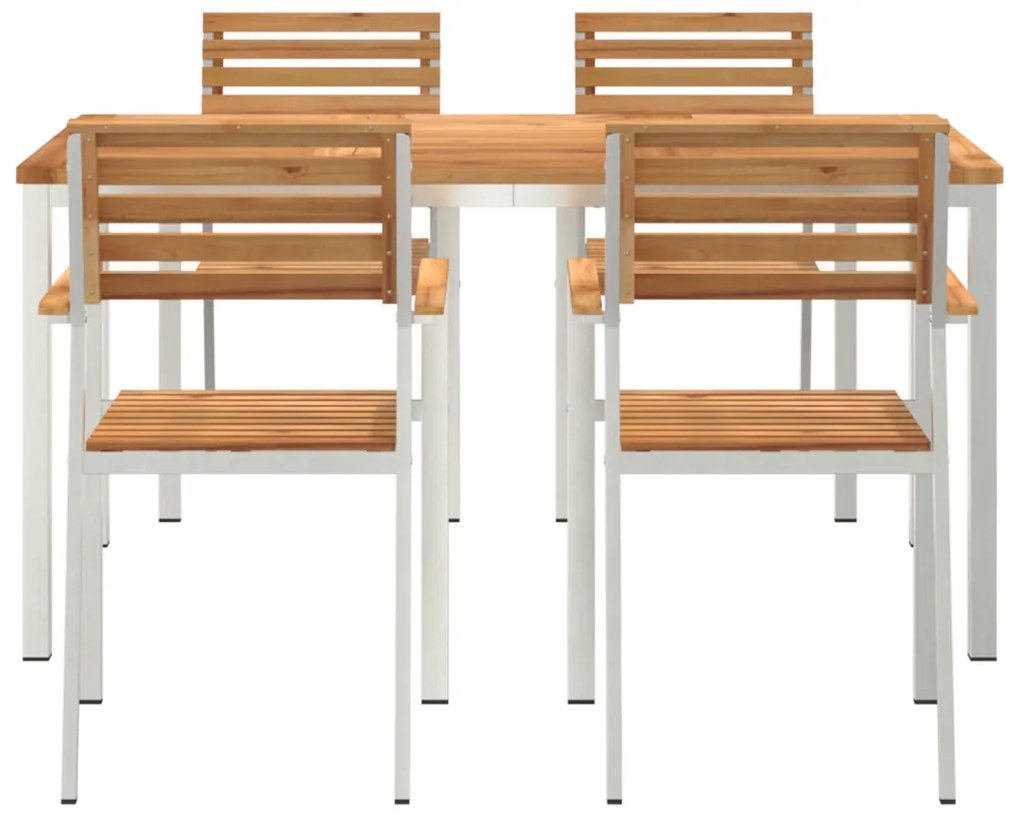 5 részes Kerti étkező garnitúra Tömör fából, Kültéri étkező asztal 150x90x75 cm Tömör fából, Összecsukható kerti székek 4 db Tömör fából és acélból