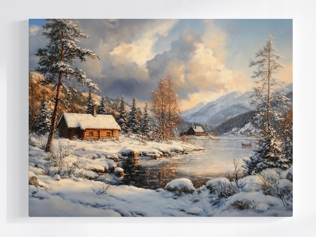 Vászonkép Canvas Téli Tájkép Kunyhó Hegyek Hó Erdő Tó 100x75