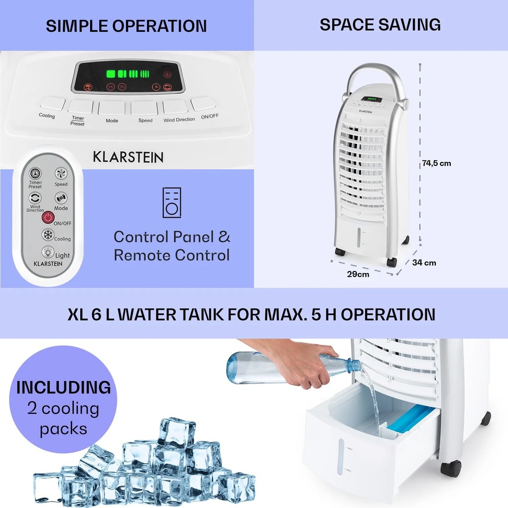 Klarstein Maxfresh, ventilátor, léghűtő, 4 v 1, 6L, 65W, távirányító, 2 x jégcsomag