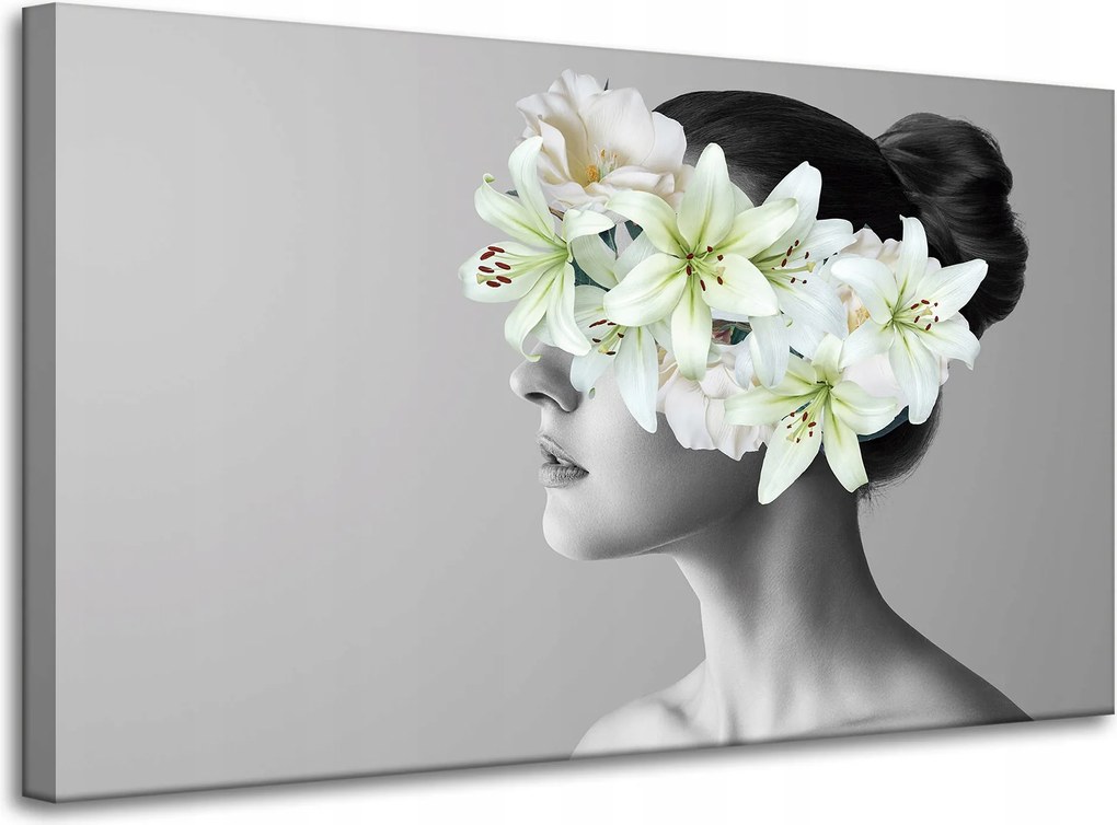 Vászonkép Fekete-fehér Nő Virágok 100x60 cm Ideális ajándék