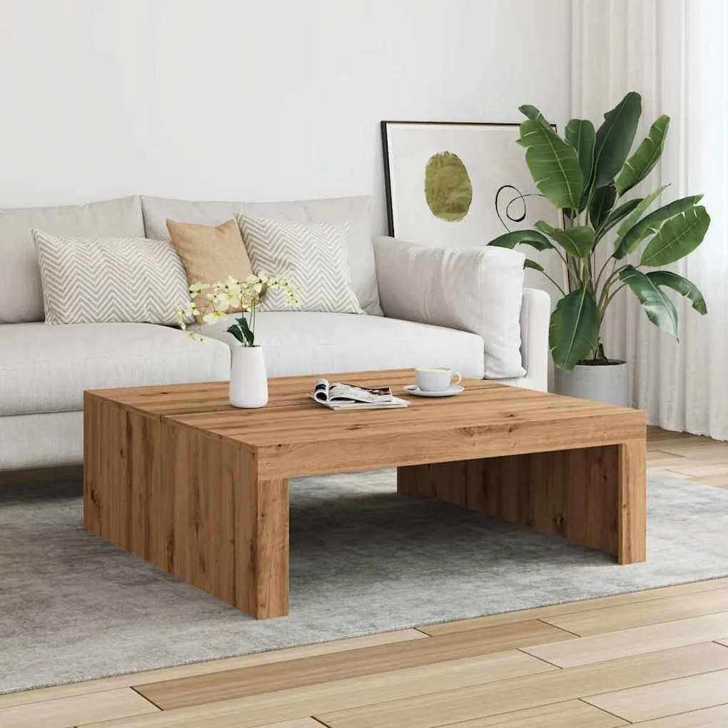 kézműves tölgy színű szerelt fa dohányzóasztal 100 x 100 x 35cm