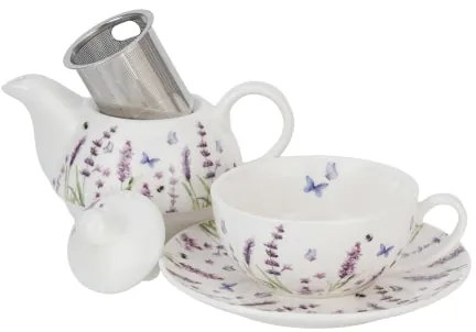 Levendulás porcelán egyszemélyes teáskészlet szűrővel díszdobozban