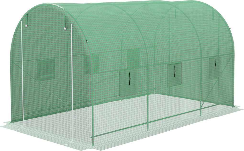Outsunny Tunneles Üvegház 400x200x205 cm Kerti Üvegház Rolós Ajtóval és 6 Ablakkal, 140 g/m² PE Borítással, Fém Váz a Növények és Zöldségek Növesztésé