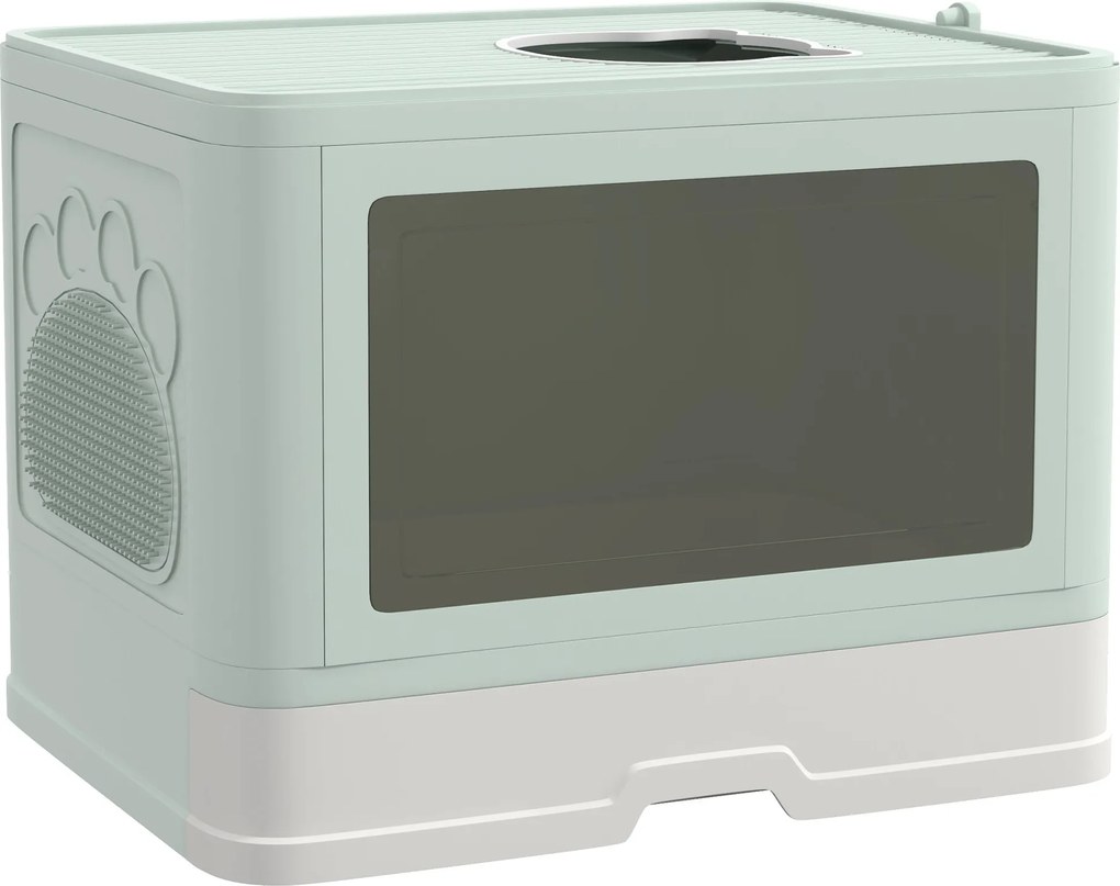 PawHut Fedett Macska Alomtálca Kivehető Tálcával és Lapáttal, 2 Ajtóval, Elülső Bejárat és Felső Kijárat 48.5x38x36.5 cm Világos Zöld és Fehér | Aosom