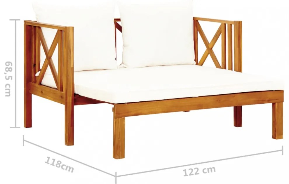 kétszemélyes tömör akácfa kerti pad párnákkal 122 cm