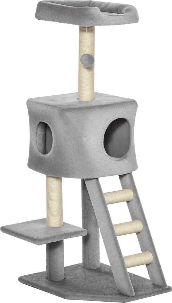 PawHut 120 cm-es Kaparfa Macska Tornyunk Búvóhellyel, Játékgolyóval, Zsinegzsinórokkal, Térrésszel, Lépcsővel, Több Szintes Macska Kaparfa, Mászófa Ma