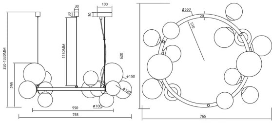 Csillár zsinóron MILA 14xG9/9W/230V fekete/szürke