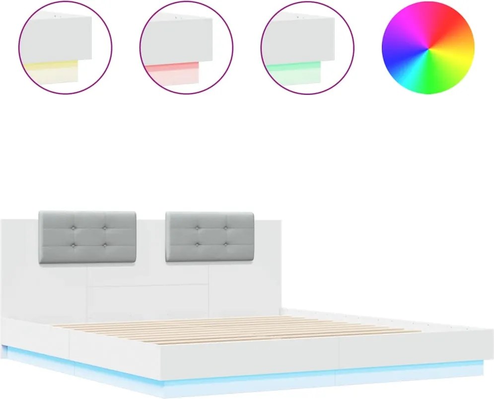 vidaXL fehér ágykeret fejtámlával és LED-világítással 200 x 200 cm