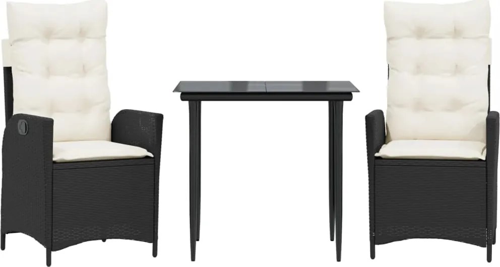 vidaXL 3 részes fekete polyrattan kerti étkezőgarnitúra párnákkal