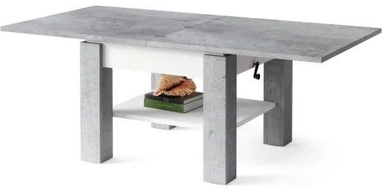 Átalakítható CALEB konferencia/étkezőasztal emelhető lappal, szürke beton/fehér