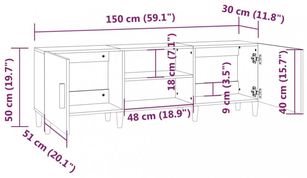 fekete szerelt fa TV-szekrény 150 x 30 x 50 cm